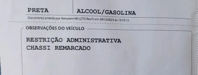 Documento de vistoria com restrição administrativa por chassi remarcado