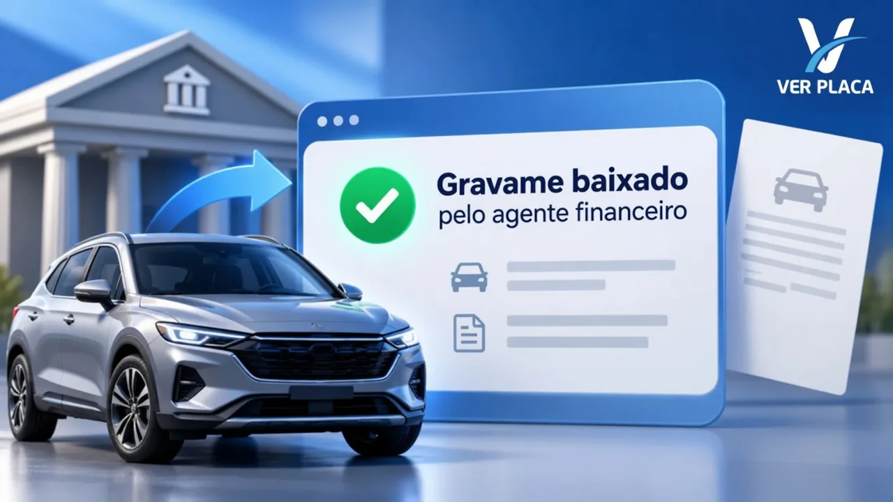 Carro ao lado do aviso de gravame baixado pelo agente financeiro