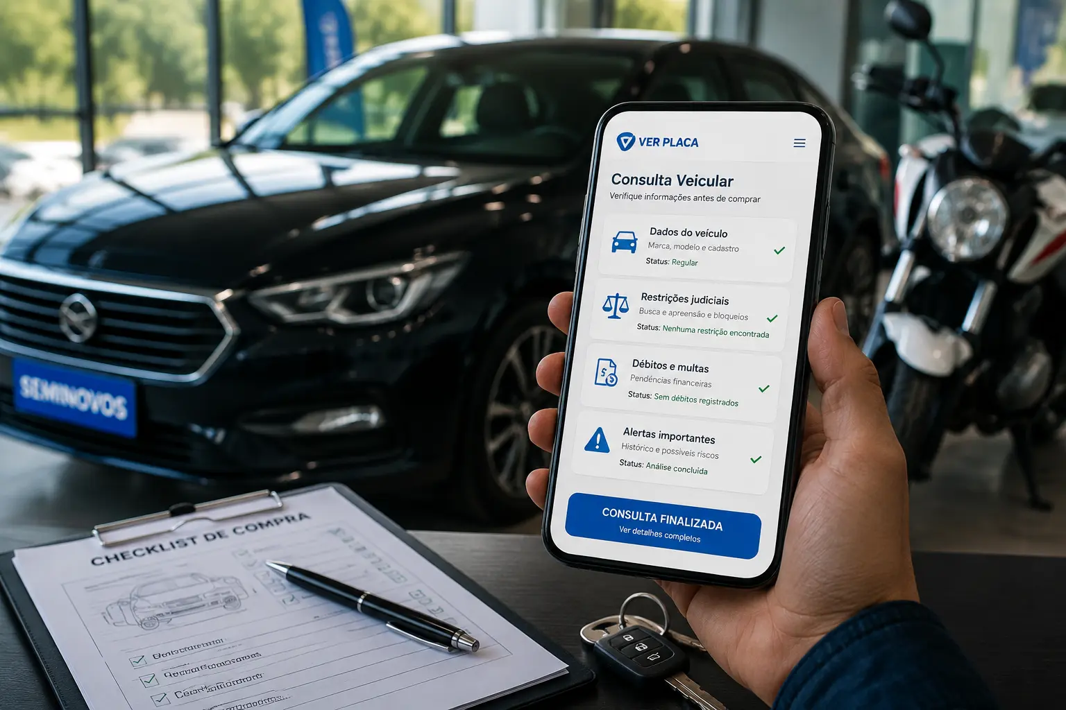 Homem segurando o celular com o app Ver Placa aberto mostrando o resultado da consulta veicular (dados do veículo, restrições judiciais, débitos e multas, alertas), em frente a um carro seminovo e uma moto numa concessionária