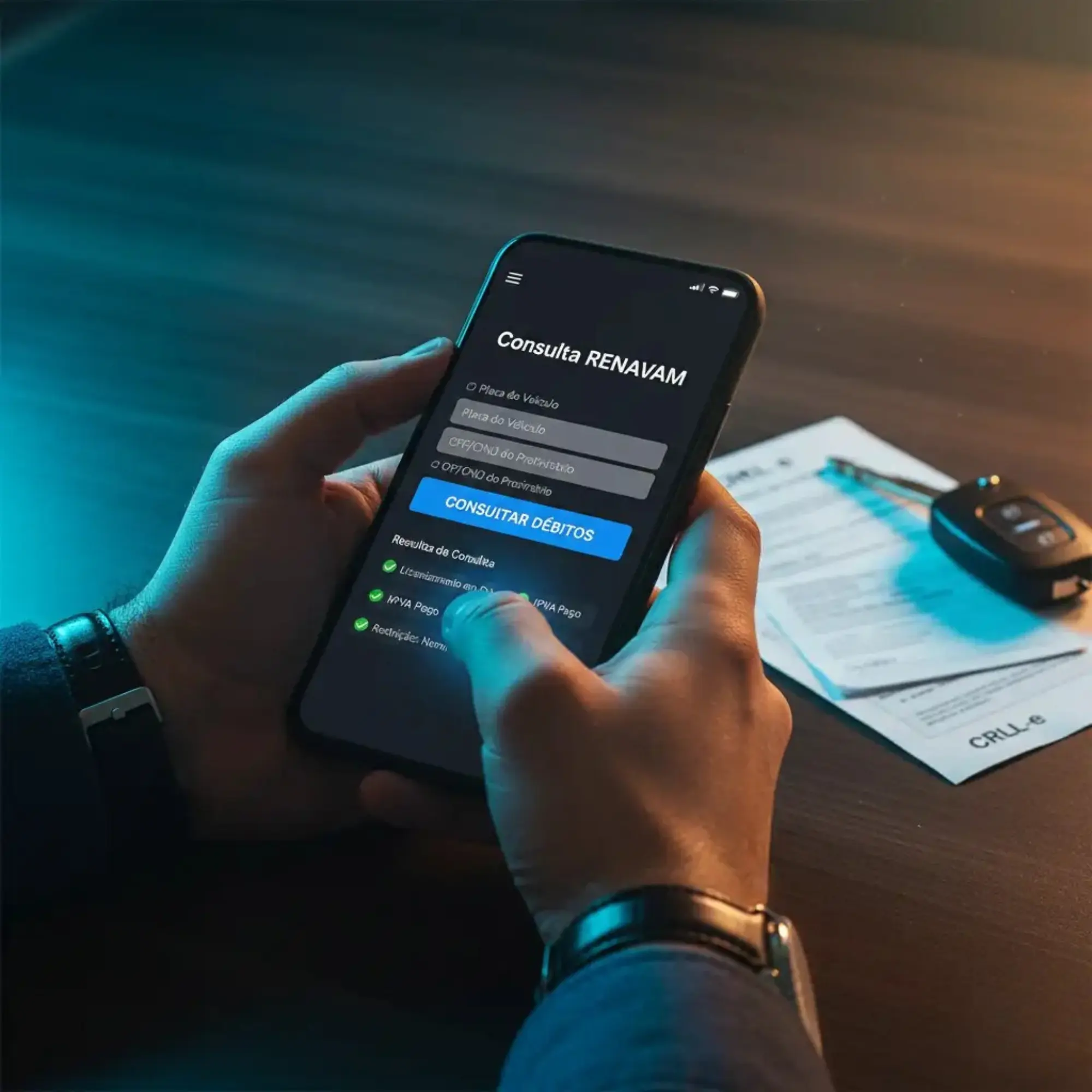 Celular exibindo consulta de Renavam com resultado de IPVA e licenciamento