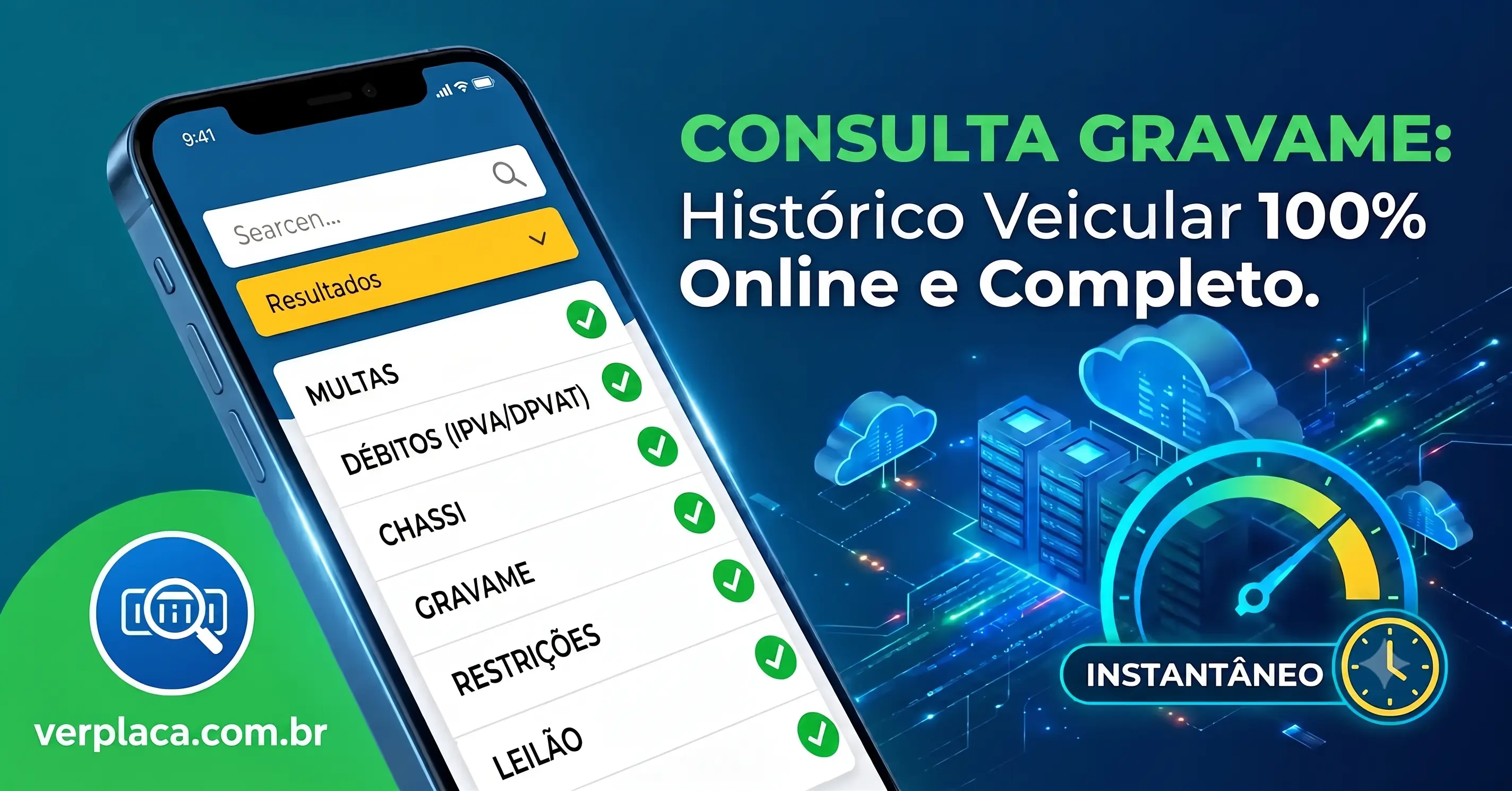 Mockup do relatório de consulta de gravame da Ver Placa, com checklist de multas, débitos, chassi e gravame