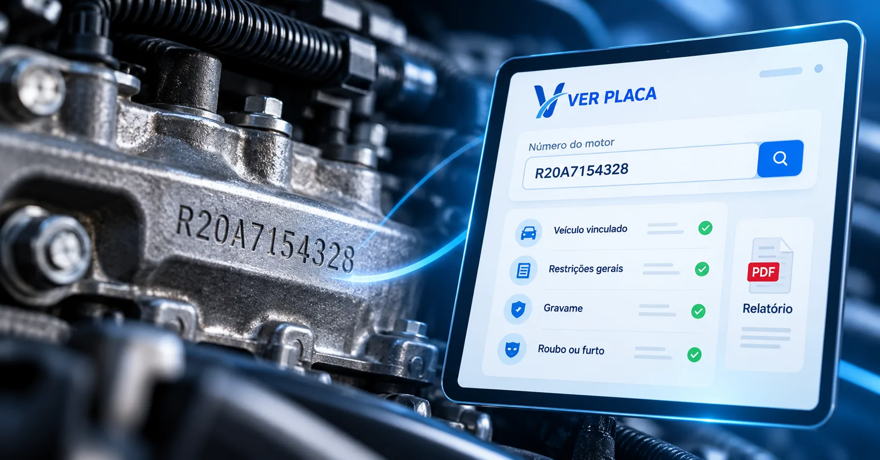 Arte ilustrativa da consulta online pelo número do motor, com gravação no bloco metálico e painel digital de dados do veículo, restrições e relatório em PDF.