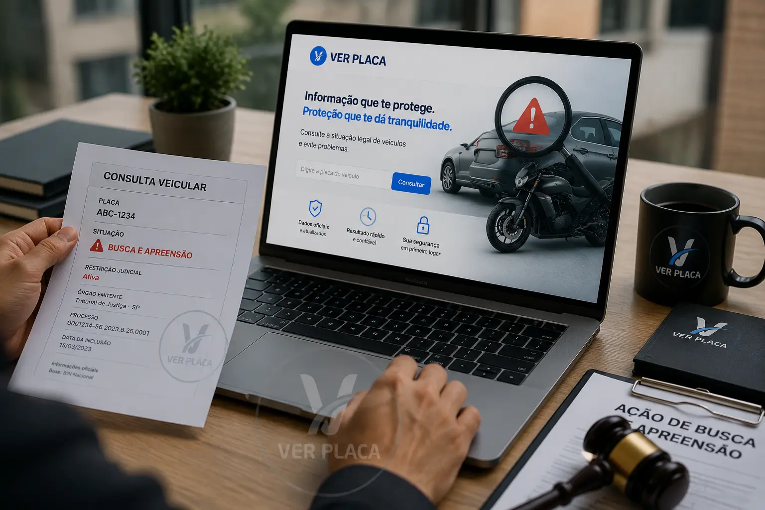 Pessoa segurando um relatório de consulta veicular com restrição de busca e apreensão ativa, ao lado do notebook aberto no site Ver Placa para consultar a situação do veículo pela placa