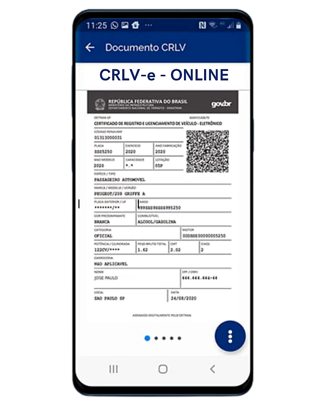 Tela do celular mostrando o CRLV-e emitido digitalmente pelo aplicativo govbr