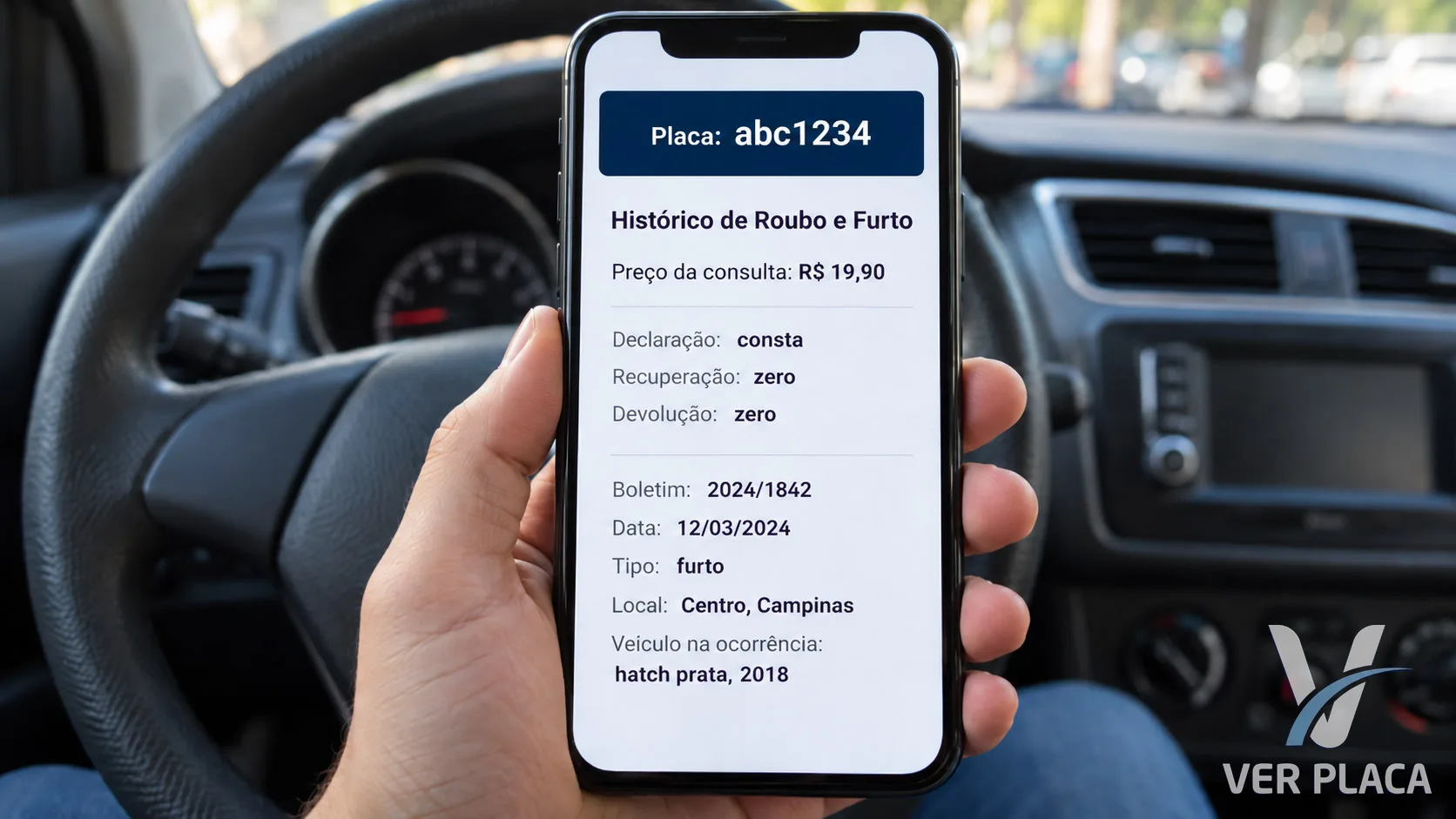 Consulta fictícia de histórico de roubo e furto no celular: declaração consta, recuperação zero, devolução zero, boletim, data, tipo e local