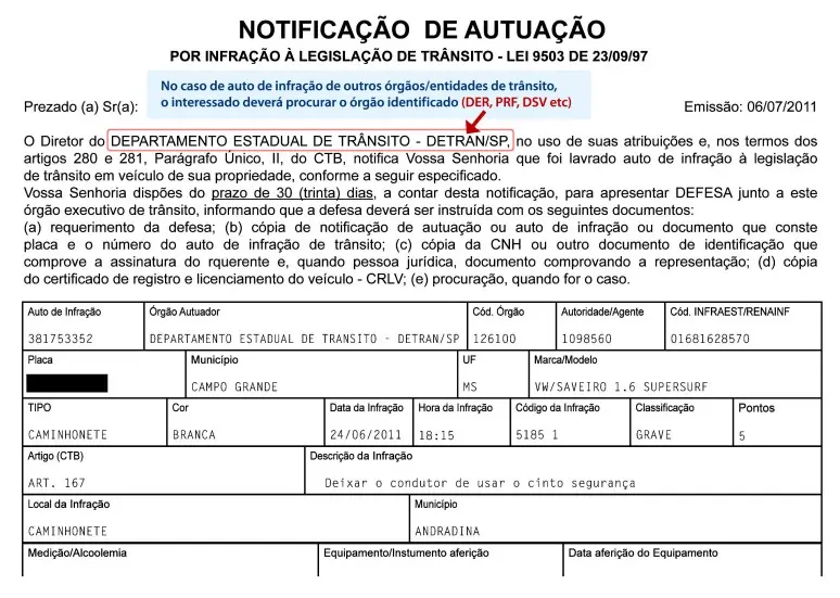 Modelo de notificação de autuação de trânsito, com placa, código do órgão autuador e número Renainf