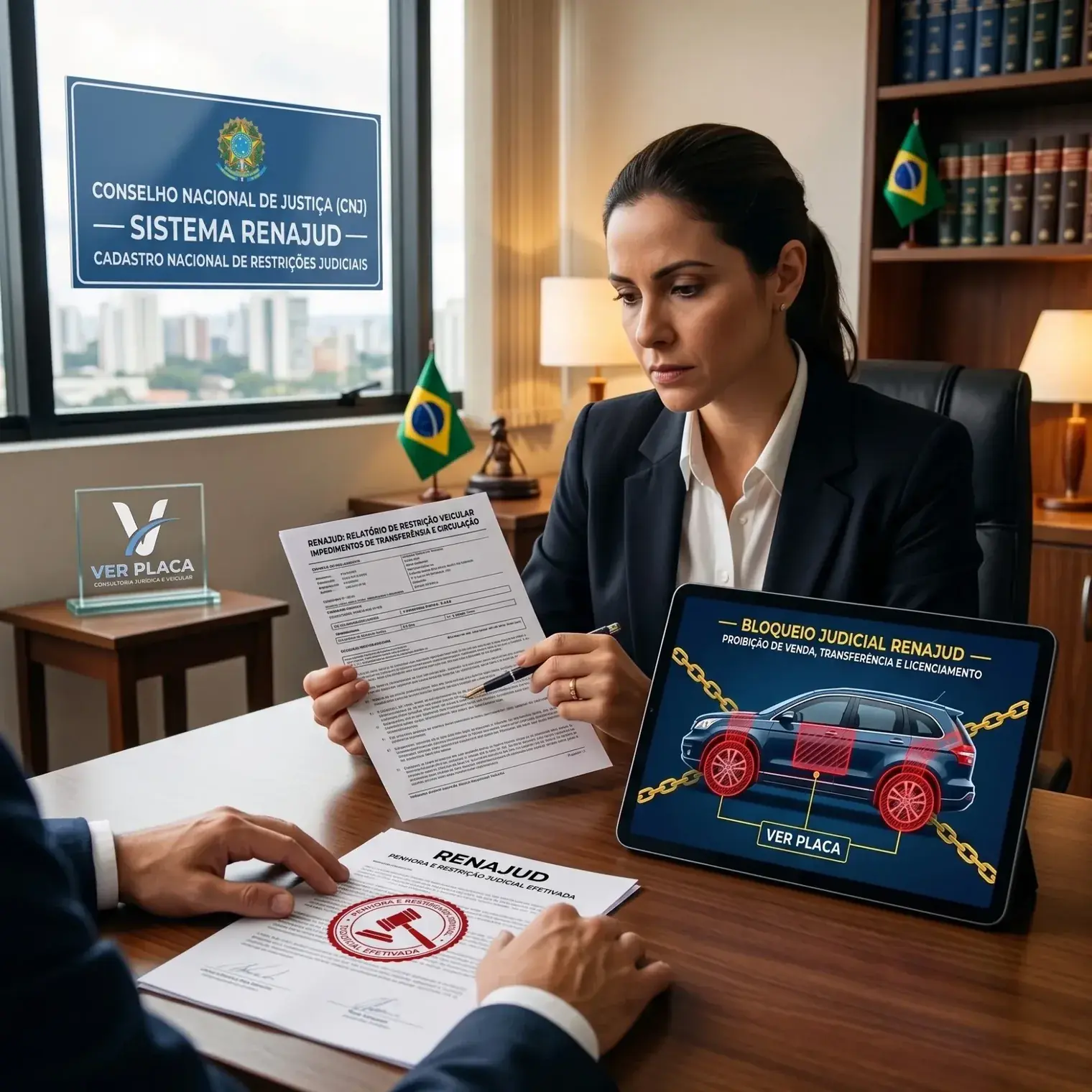 Advogada analisando relatório de restrição judicial Renajud de um veículo, com tablet mostrando o bloqueio judicial