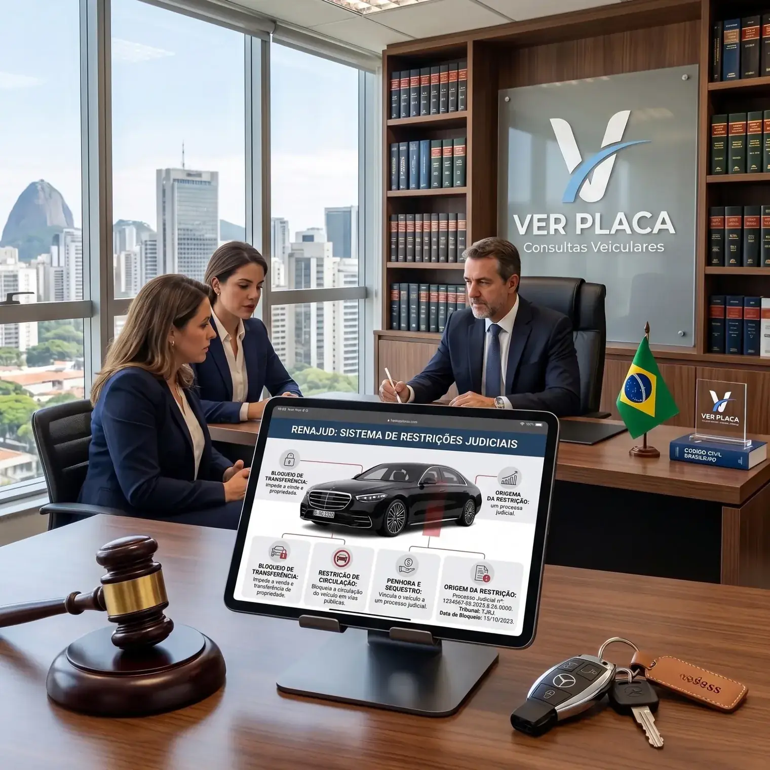Tablet exibindo infográfico dos tipos de restrição judicial Renajud: bloqueio de transferência, restrição de circulação e penhora