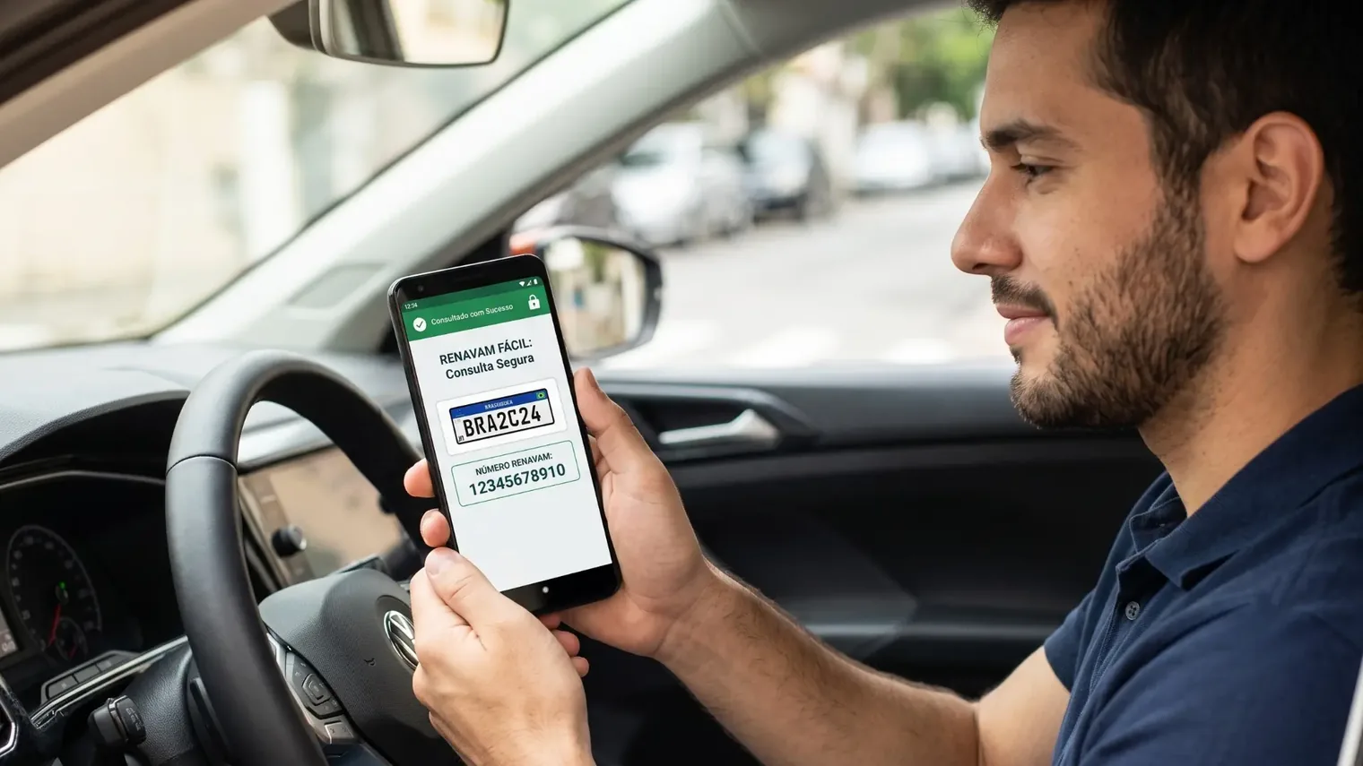 Motorista consultando o número do Renavam pela placa no celular dentro do carro