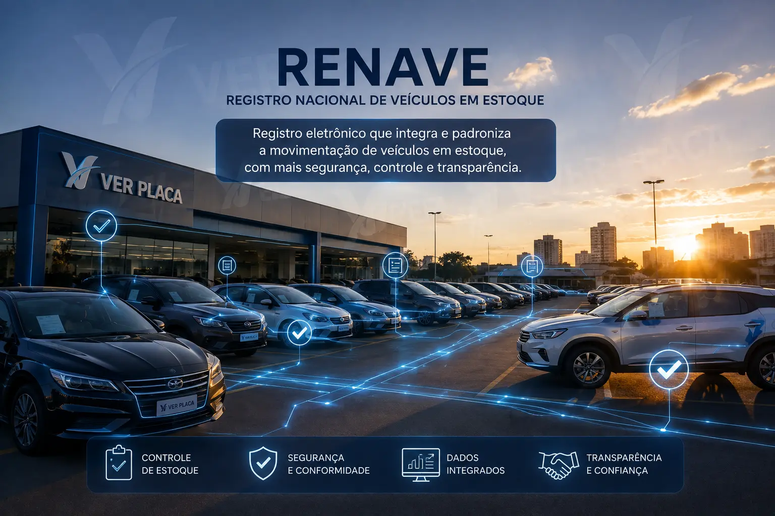 Veículos em estoque de concessionária com registro digital do RENAVE integrando controle, segurança e transparência